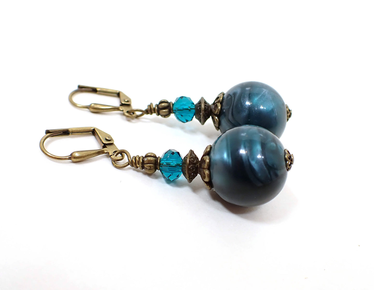 Antiqued Brass Handmade Pearly Teal Blue Lucite Drop Earrings Hook Lever Back or Clip On