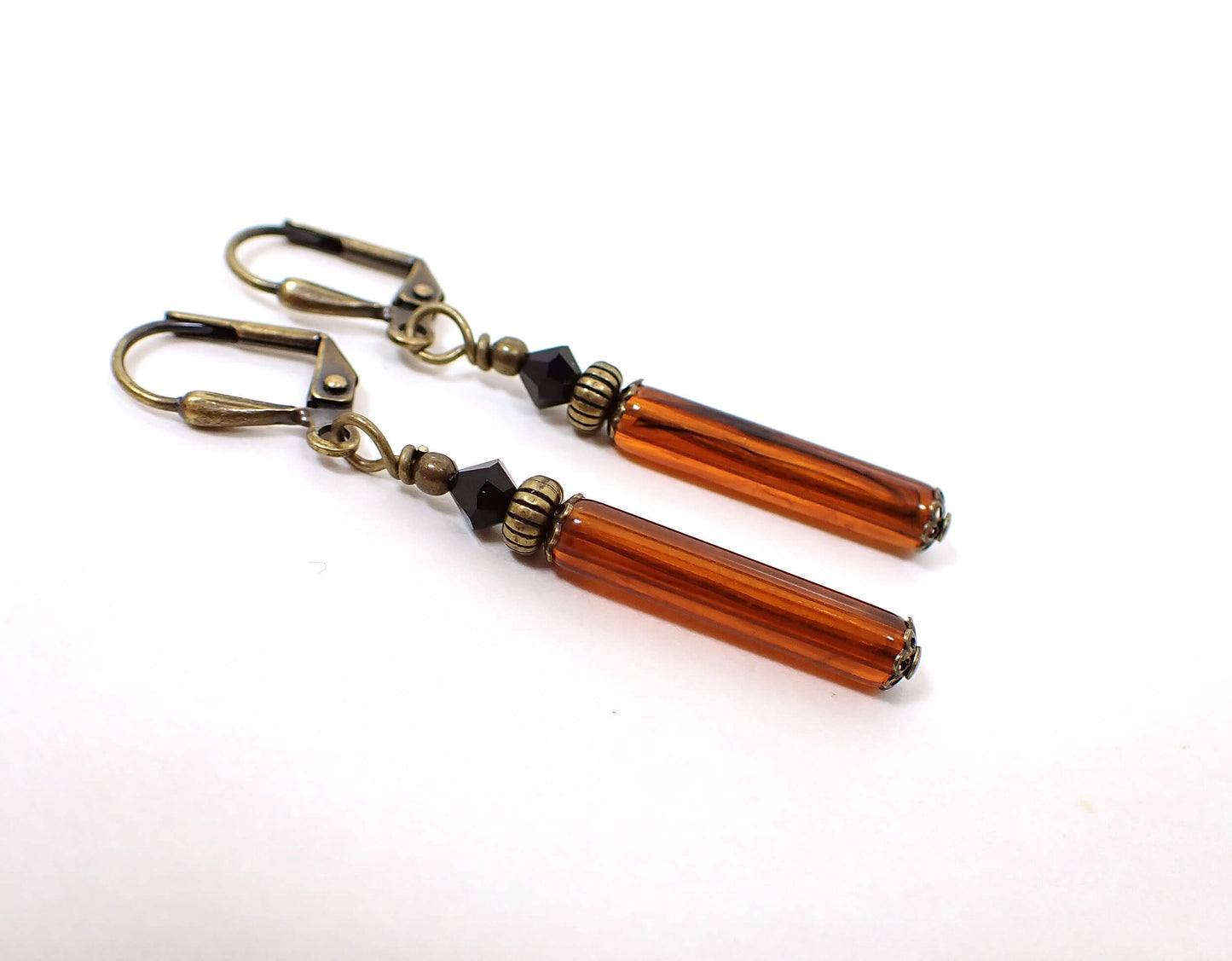 Small Antiqued Brass Marbled Lucite Handmade Stick Earrings Hook Lever Back or Clip On