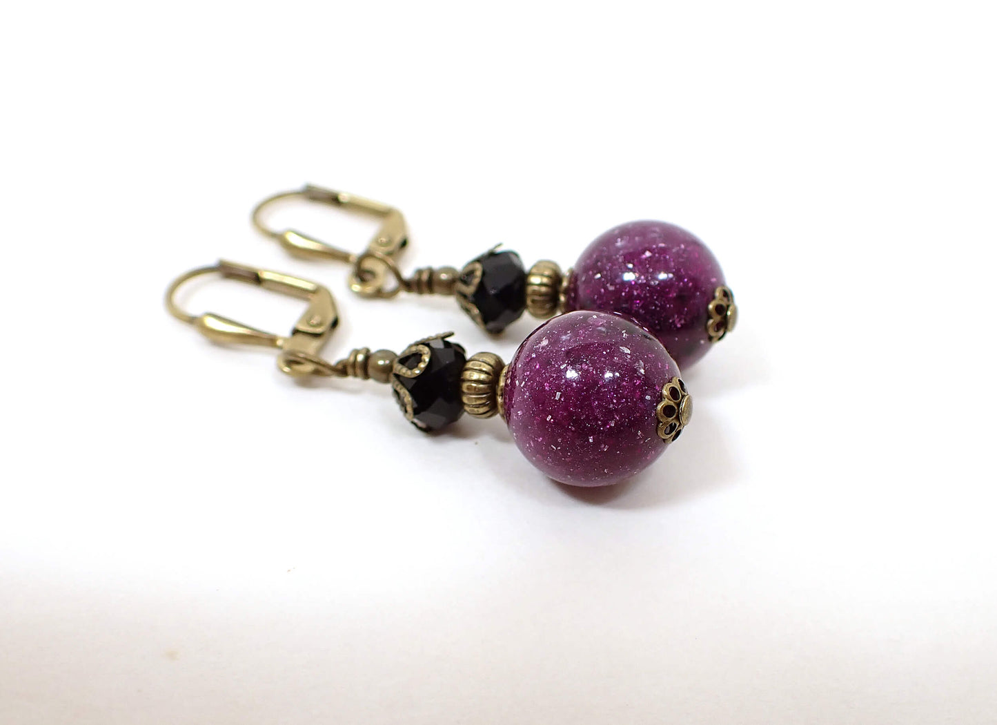 Handmade Sparkly Purple Lucite and Black Galaxy Earrings with Antiqued Brass Hook Lever Back or Clip On