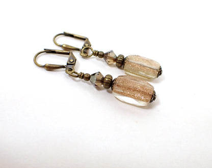 Antiqued Brass Copper Glitter Glass Drop Handmade Earrings Hook Lever Back or Clip On