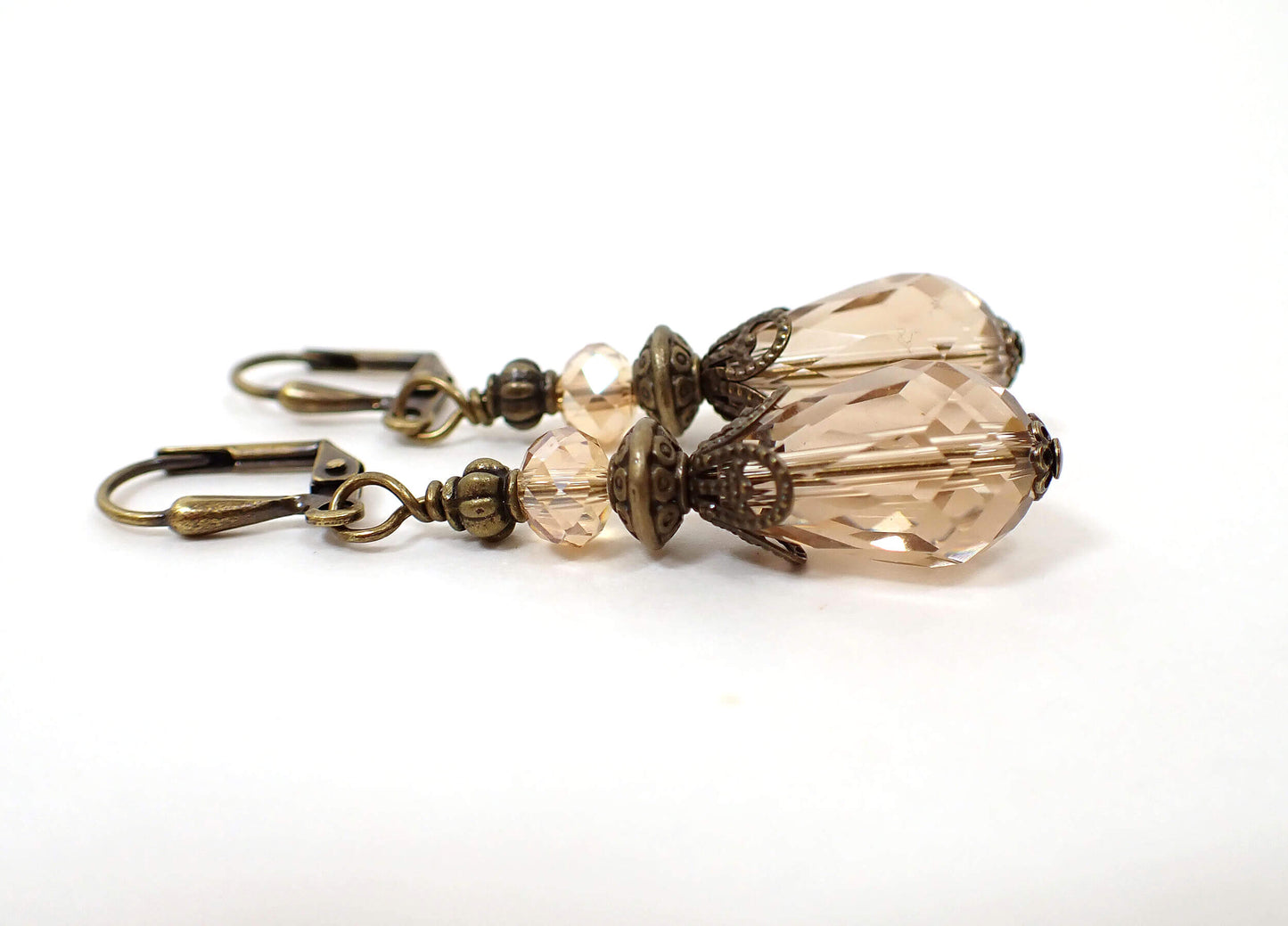 Handmade Vintage Style Peach Color Teardrop Earrings with Antiqued Brass Hook Lever Back or Clip On