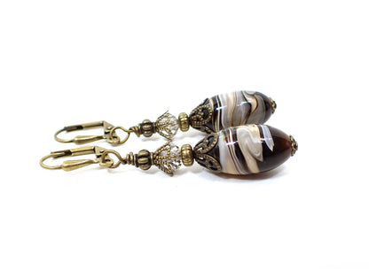 Antiqued Brass Marbled Brown Oval Lucite Handmade Drop Earrings Hook Lever Back or Clip On
