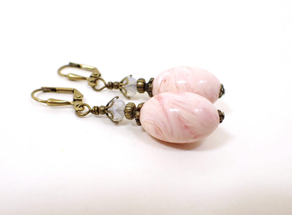 Antiqued Brass Pink and Peach Lucite Handmade Oval Drop Earrings Hook Lever Back or Clip On