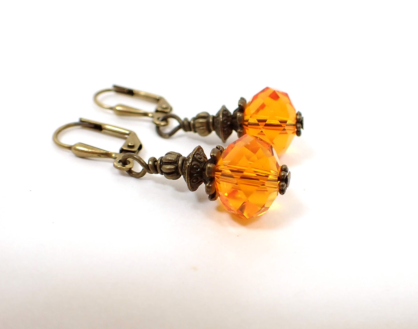 Antiqued Brass Handmade Orange Glass Crystal Drop Earrings Hook Lever Back or Clip On