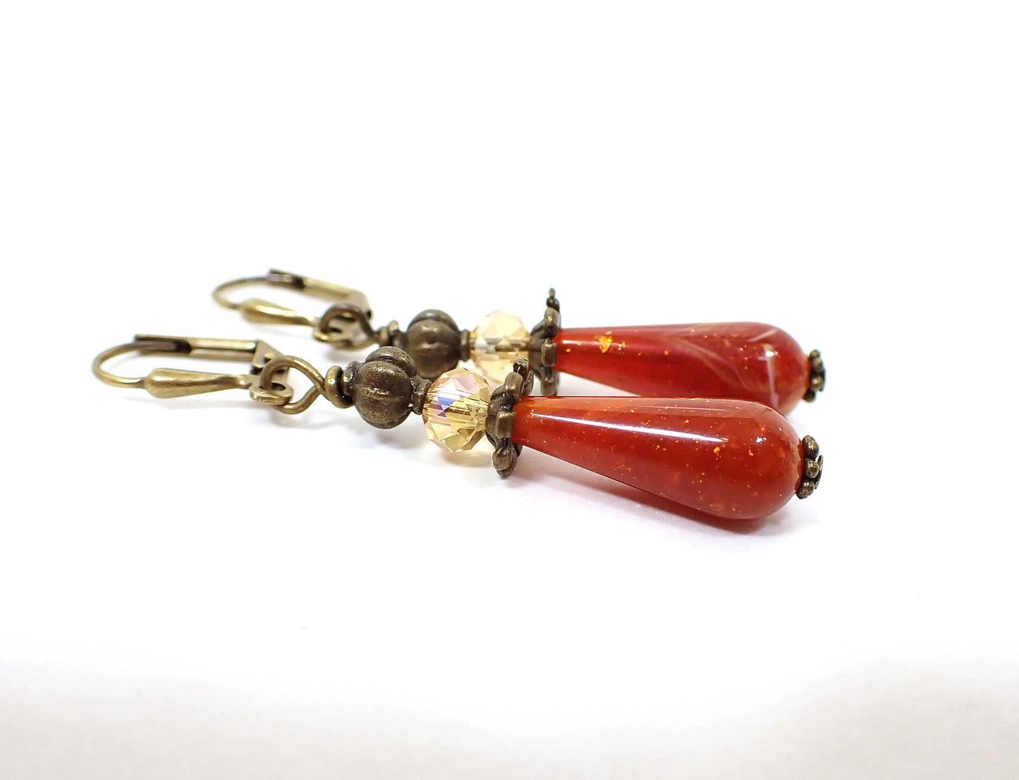 Glitter Orange Lucite and Antiqued Brass Handmade Teardrop Earrings Hook Lever Back or Clip On