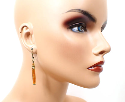 Antiqued Brass Marbled Orange Lucite Handmade Stick Earrings Hook Lever Back or Clip On