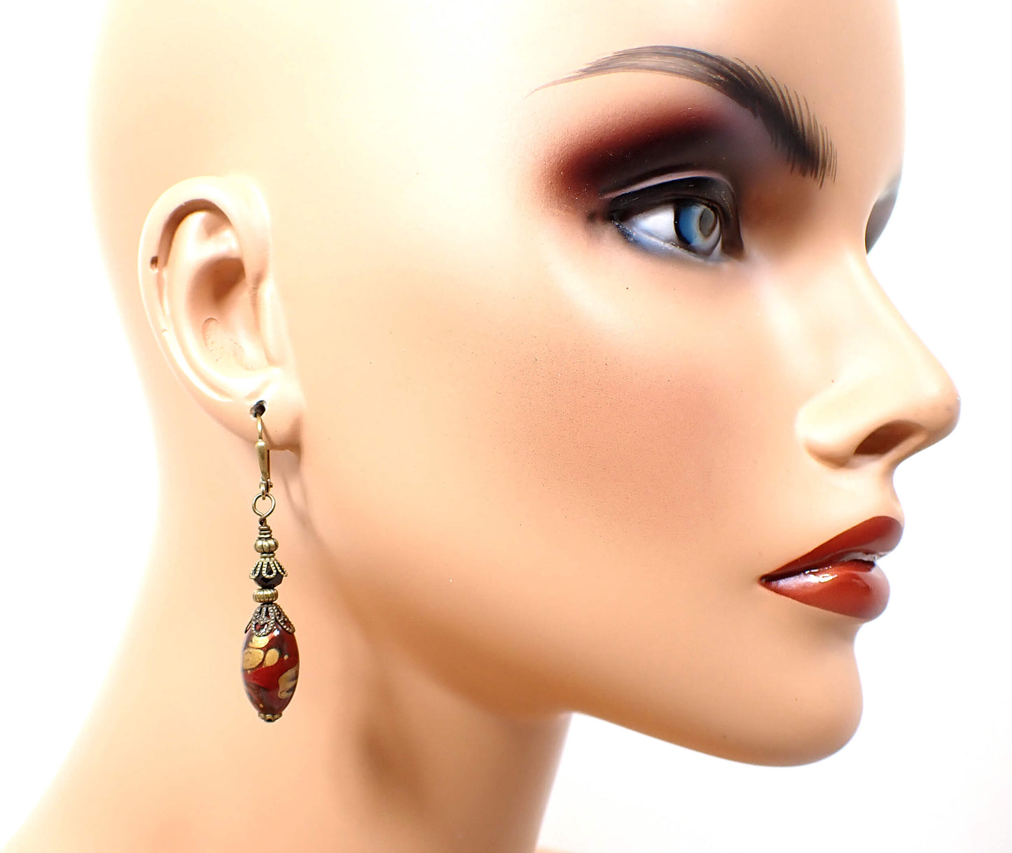 Antiqued Brass Red and Black Oval Lucite Handmade Drop Earrings Hook Lever Back or Clip On