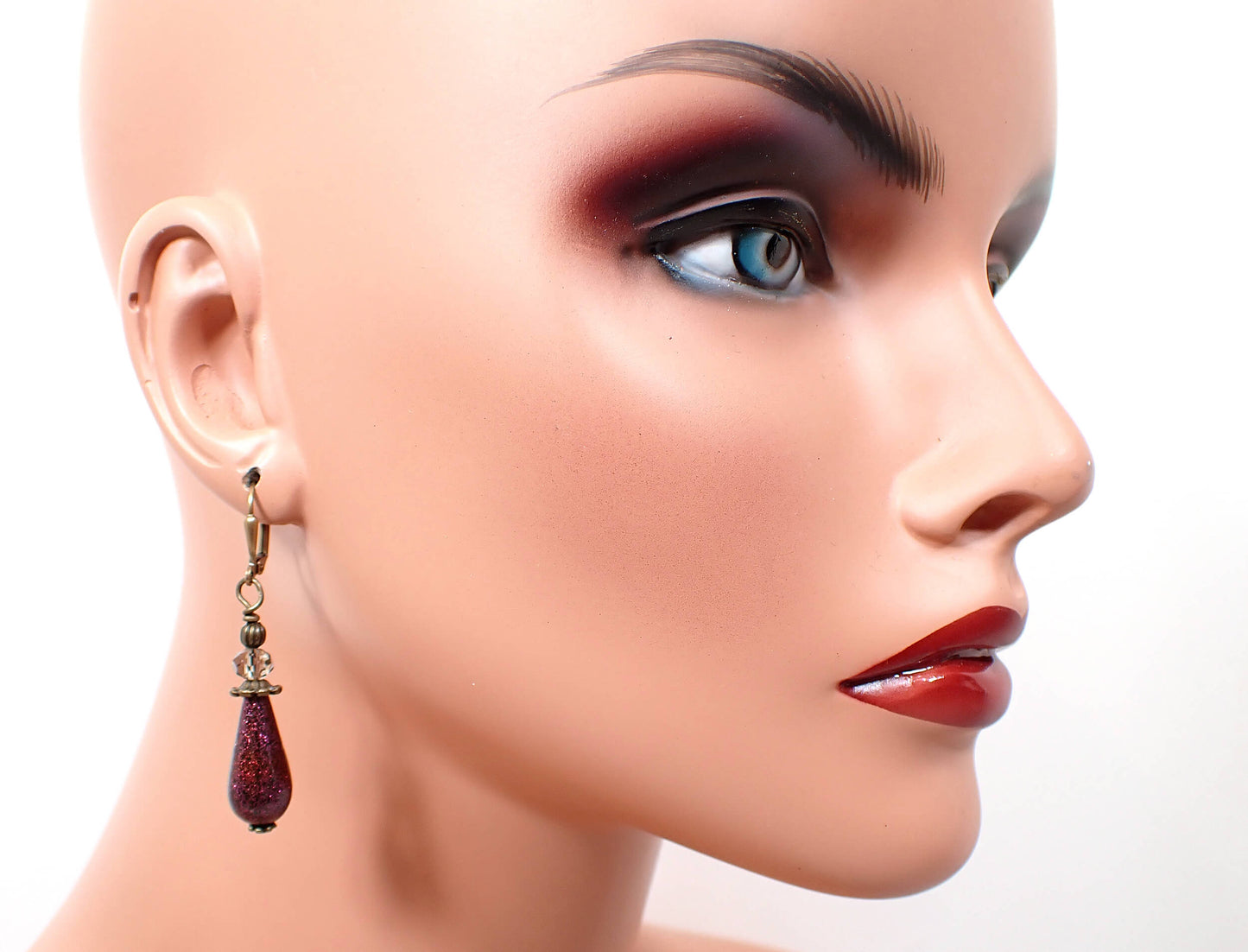 Handmade Magenta Glitter Teardrop Earrings Hook Lever Back or Clip On