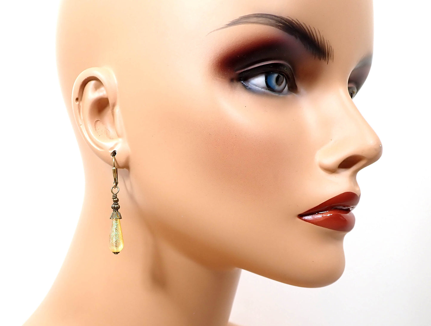 Small Handmade Yellow Glitter Lucite Teardrop Earrings Hook Lever Back or Clip On