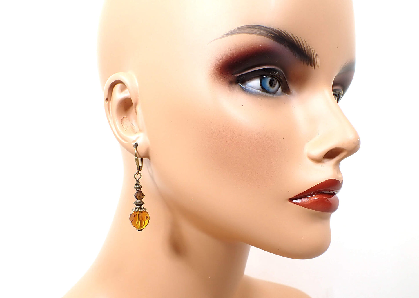 Antiqued Brass Faceted Orange Glass Handmade Drop Earrings Hook Lever Back or Clip On