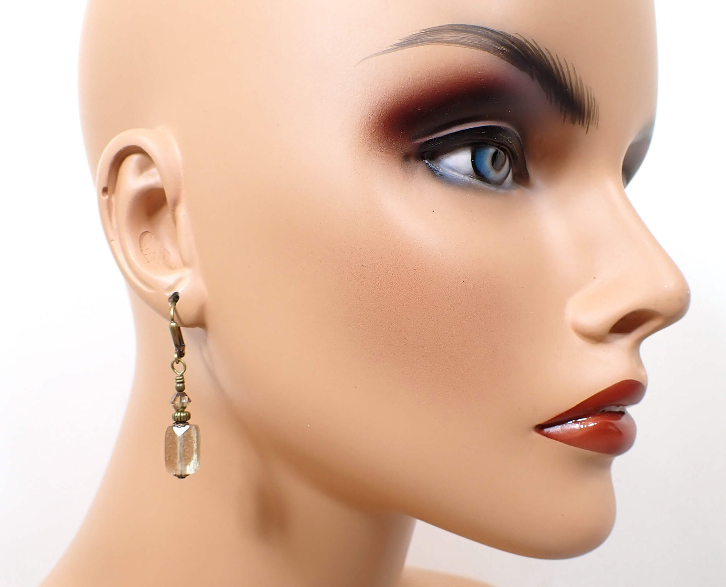 Antiqued Brass Copper Glitter Glass Drop Handmade Earrings Hook Lever Back or Clip On