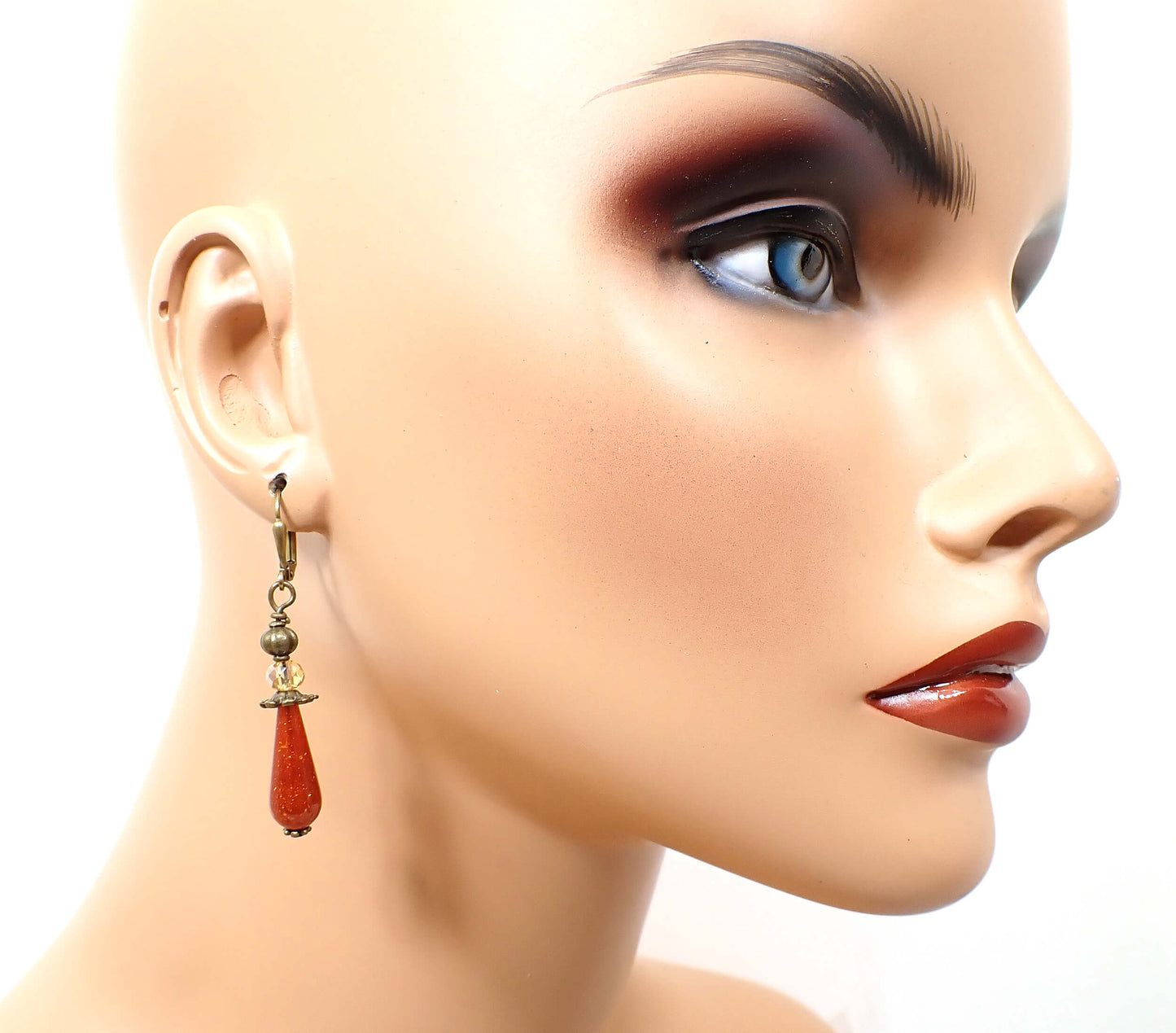 Glitter Orange Lucite and Antiqued Brass Handmade Teardrop Earrings Hook Lever Back or Clip On
