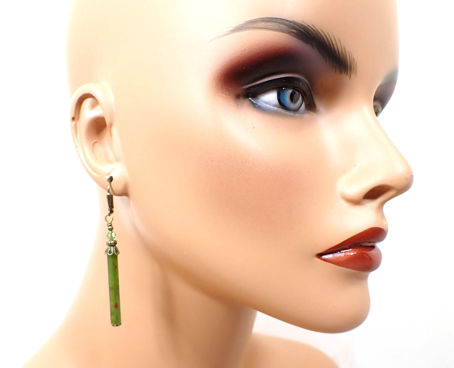 Antiqued Brass Marbled Green Lucite Handmade Stick Earrings Hook Lever Back or Clip On