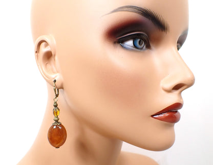 Marbled Orange Acrylic Beaded Antiqued Brass Handmade Earrings Hook Lever Back or Clip On