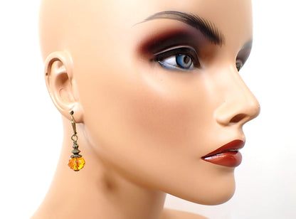 Antiqued Brass Handmade Orange Glass Crystal Drop Earrings Hook Lever Back or Clip On