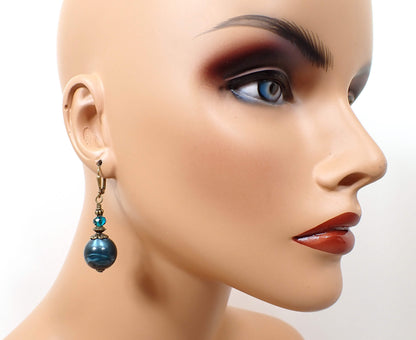 Antiqued Brass Handmade Pearly Teal Blue Lucite Drop Earrings Hook Lever Back or Clip On