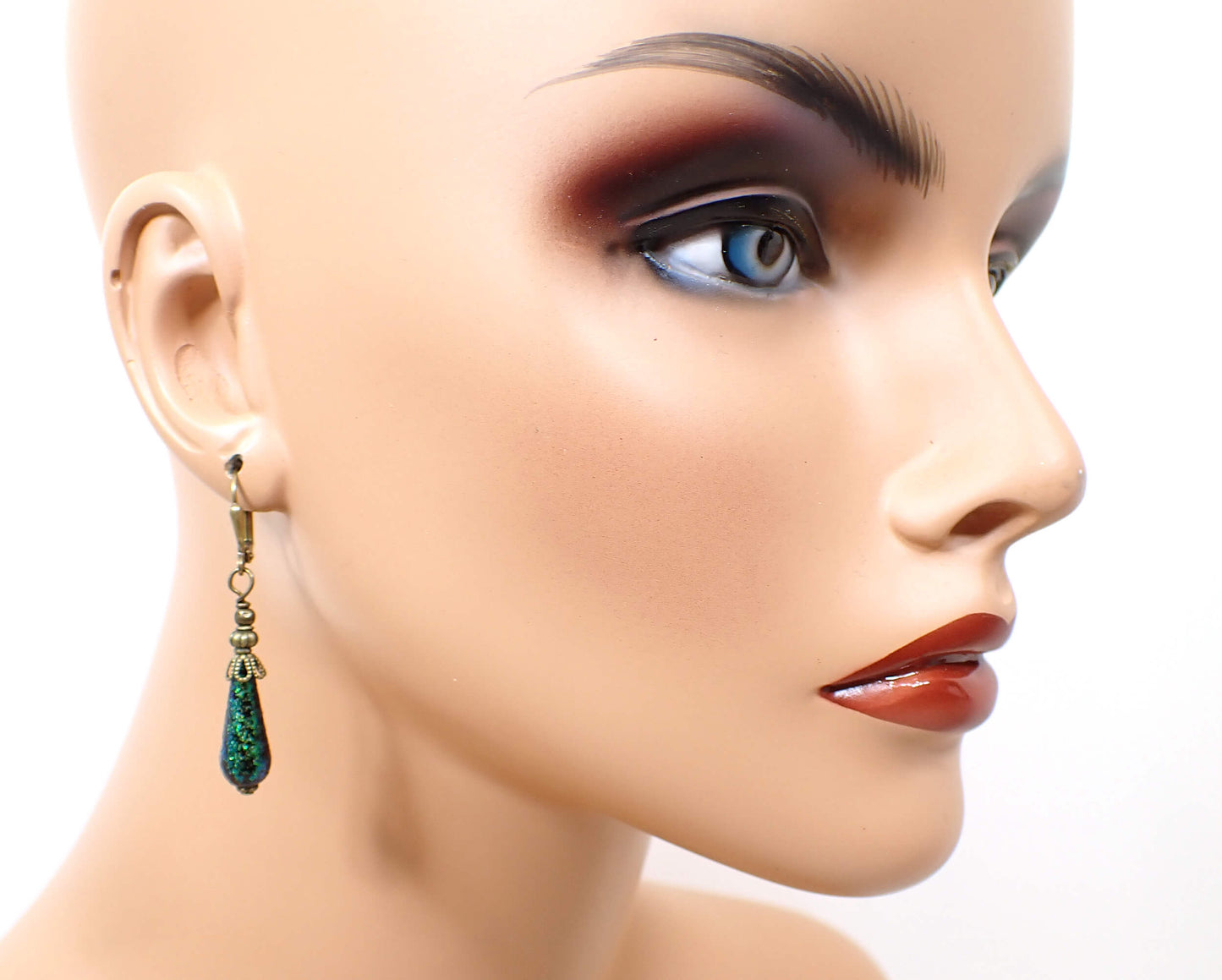 Small Handmade Green Glitter Teardrop Earrings Hook Lever Back or Clip On