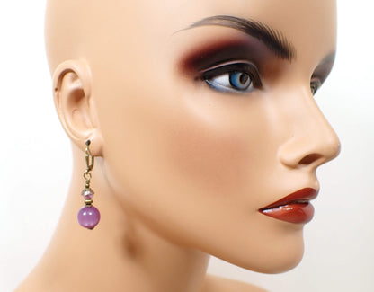 Handmade Purple Moonglow Lucite Drop Earrings with Antiqued Brass Hook Lever Back or Clip On