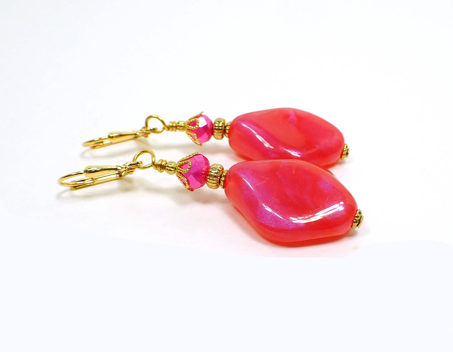 Handmade Color Shift Bright Pink Lucite Earrings Gold Plated Hook Lever Back or Clip On