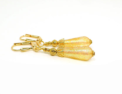 Small Handmade Yellow Glitter Lucite Teardrop Earrings Gold Plated Hook Lever Back or Clip On