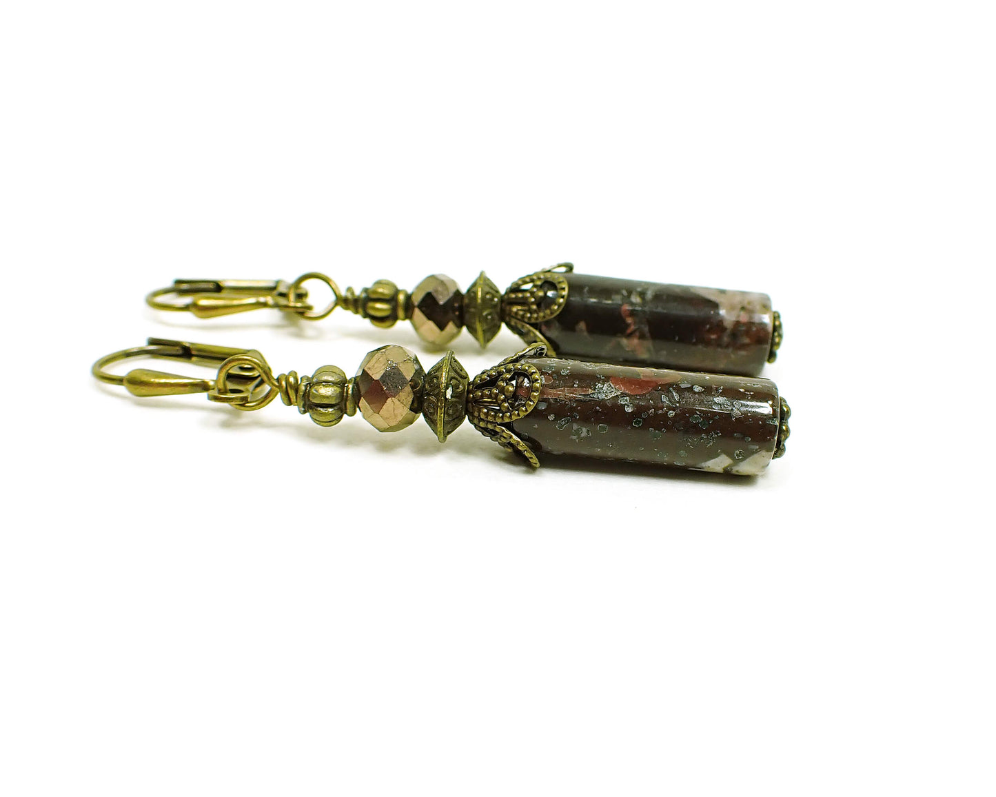 Brown Portoro Marble Gemstone Handmade Earrings Antiqued Brass Hook Lever Back or Clip On