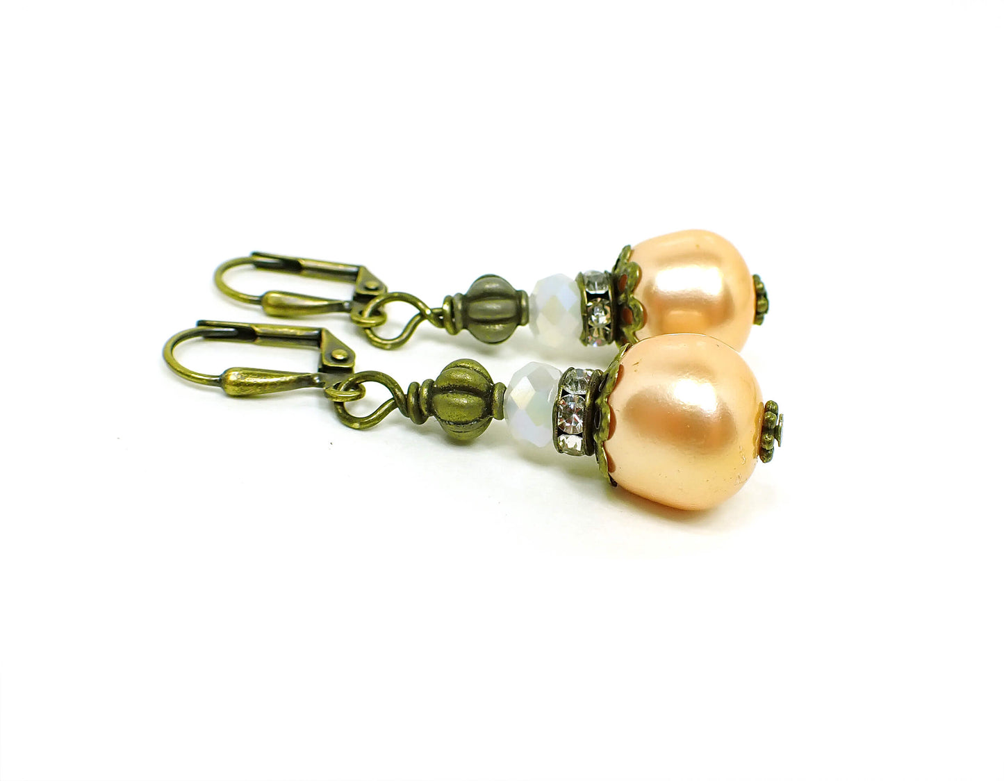 Antiqued Brass Peach Faux Pearl and Rhinestone Handmade Earrings Hook Lever Back or Clip On