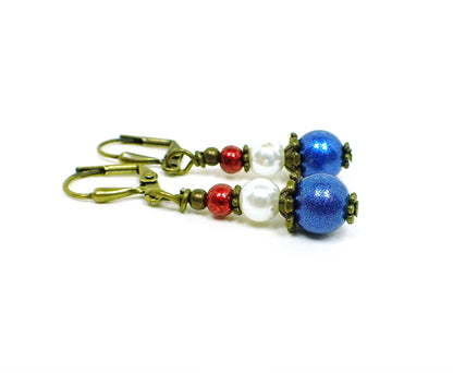 Antiqued Brass Red White and Blue Handmade Earrings Hook Lever Back or Clip On