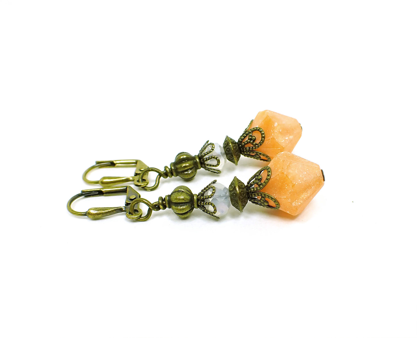 Peach Drop Antiqued Brass Handmade Earrings Hook Lever Back or Clip On