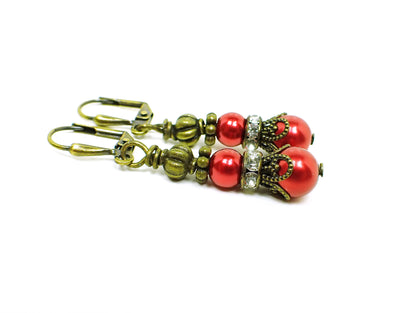 Antiqued Brass Metallic Red and Rhinestone Beaded Handmade Earrings Hook Lever Back or Clip On