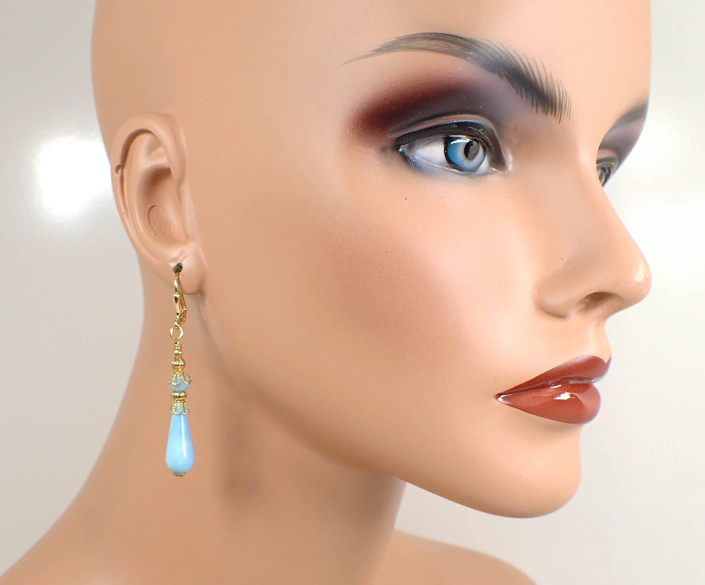 Small Light Blue Color Lucite Handmade Teardrop Earrings Gold Plated Hook Lever Back or Clip On