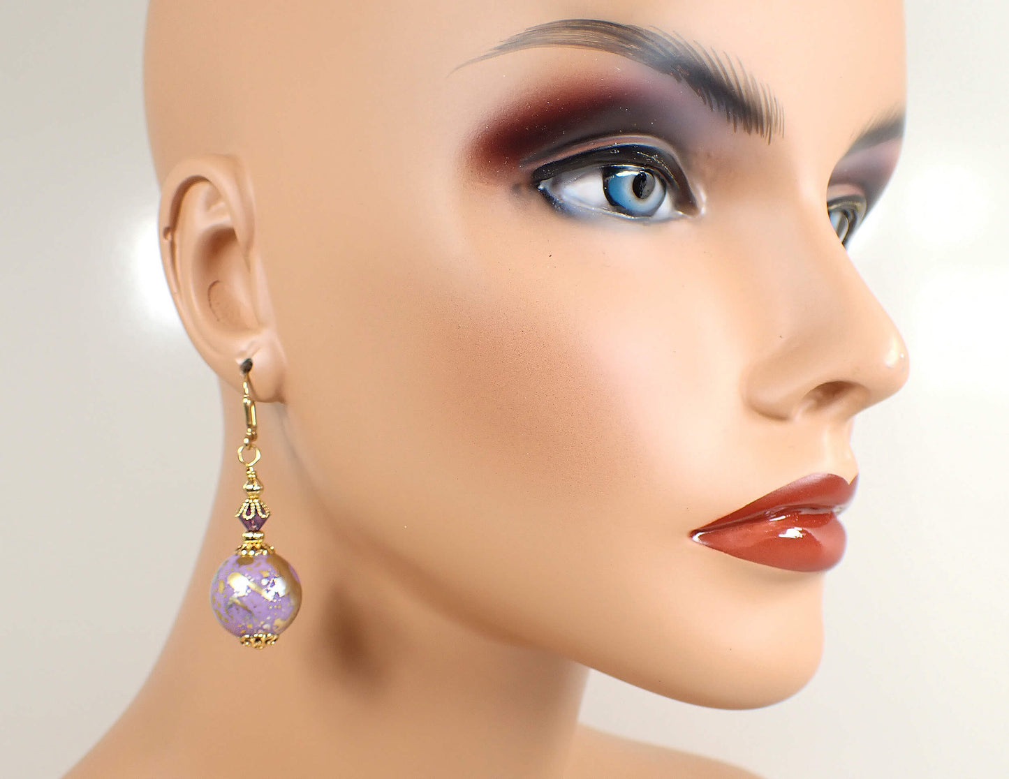 Metallic Splash Handmade Purple Acrylic Ball Drop Earrings Gold Plated Hook Lever Back or Clip On