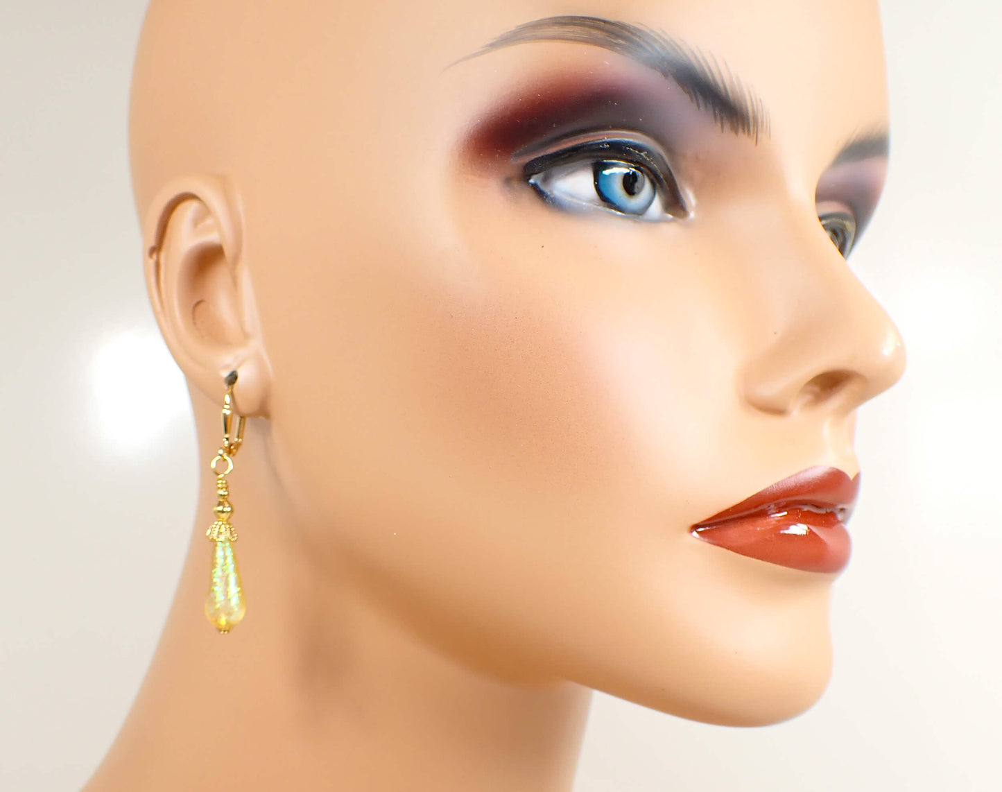 Small Handmade Yellow Glitter Lucite Teardrop Earrings Gold Plated Hook Lever Back or Clip On