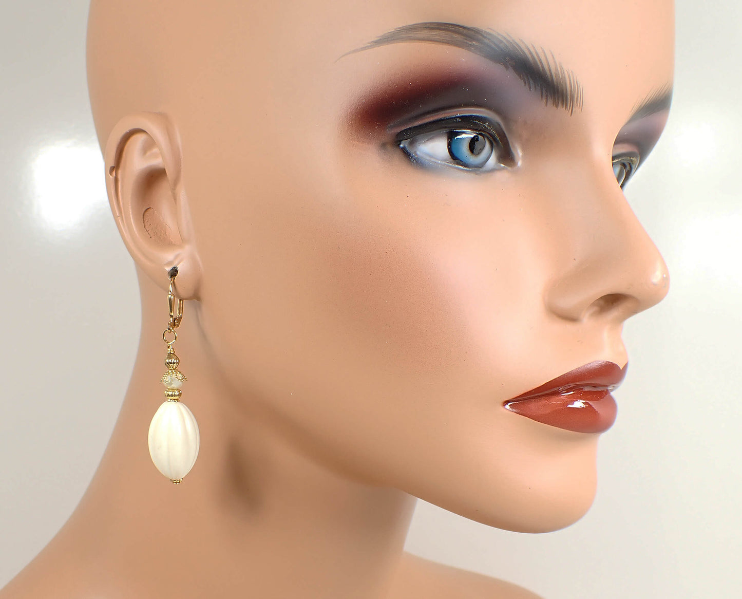 Corrugated Oval Off White Lucite Handmade Drop Earrings Gold Plated Hook Lever Back or Clip On