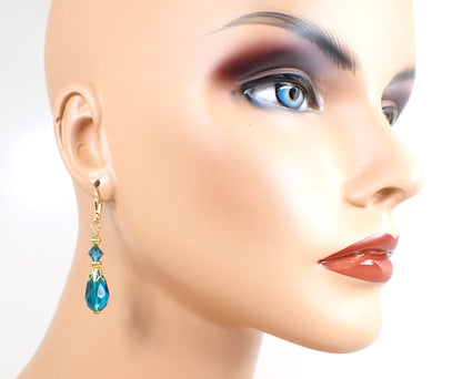 Teal Blue Handmade Teardrop Earrings Gold Plated Hook Lever Back or Clip On