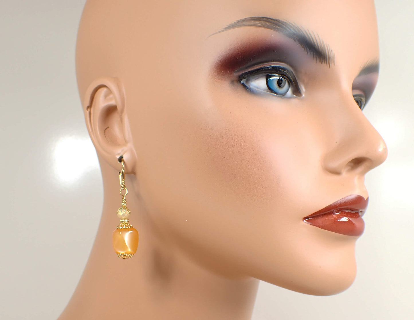 Peach Moonglow Lucite Handmade Drop Earrings, Gold Plated Hook Lever Back or Clip On