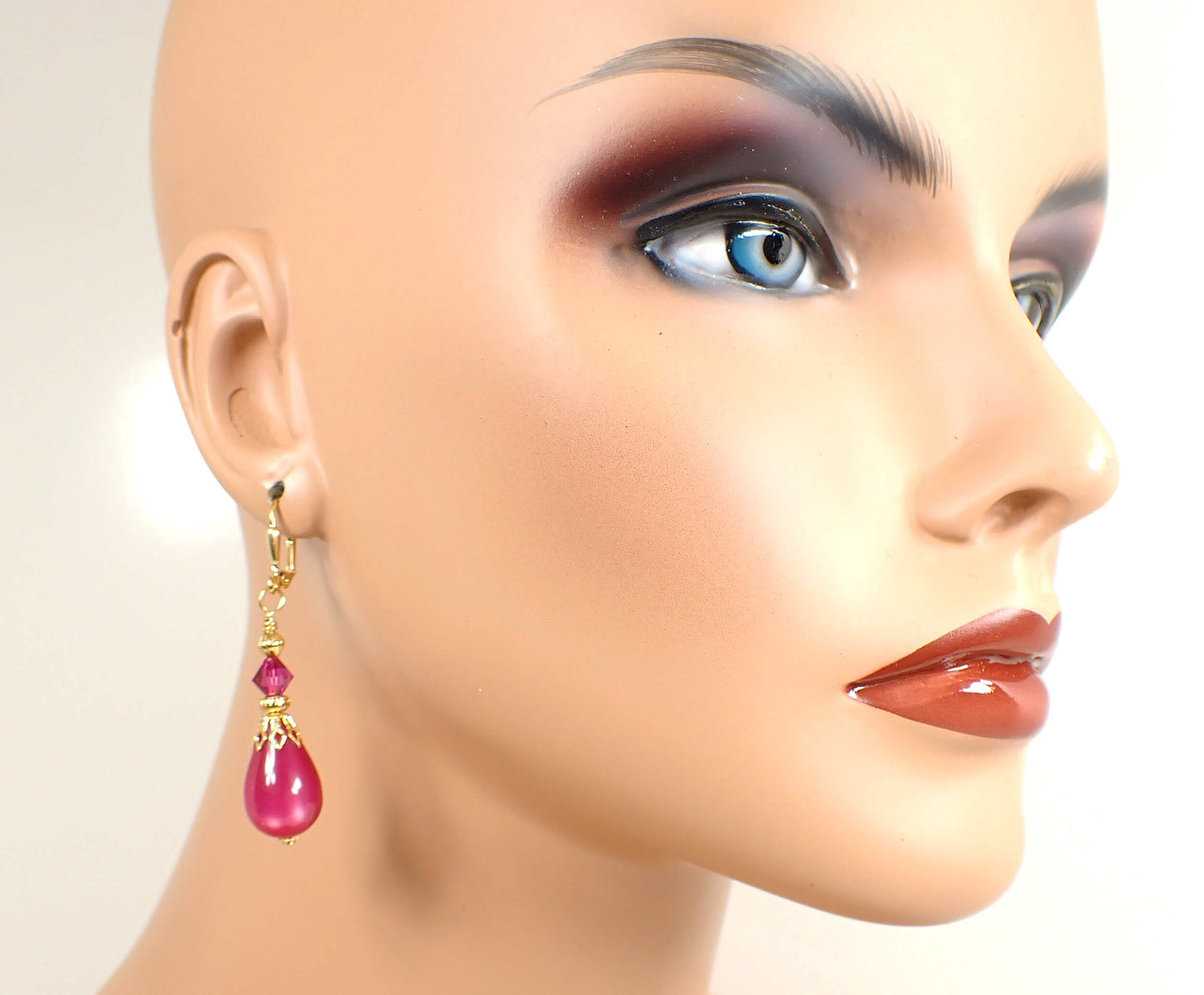 Raspberry Pink Moonglow Lucite Handmade Teardrop Earrings Gold Plated Hook Lever Back or Clip On