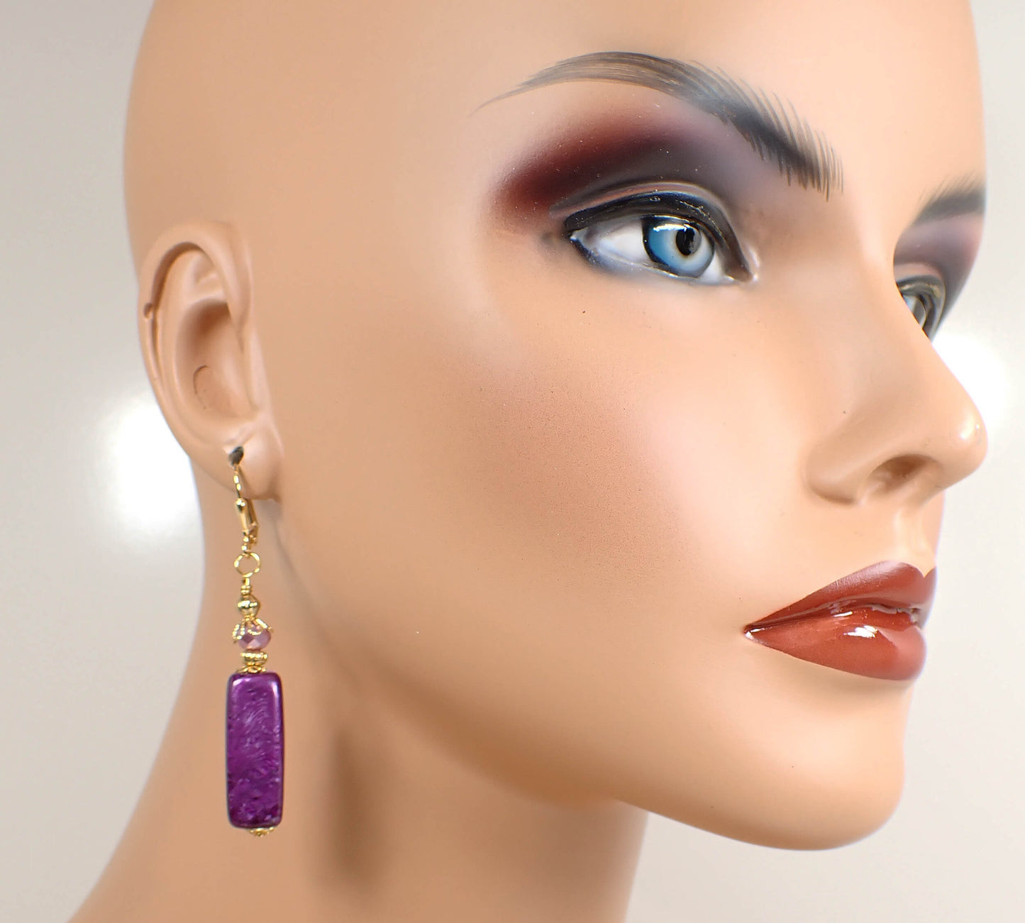 Large Pearly Purple Acrylic Handmade Stick Drop Earrings Gold Plated Hook Lever Back or Clip On