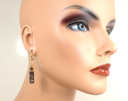 Brown Portoro Marble Gemstone Handmade Earrings Gold Plated Hook Lever Back or Clip On