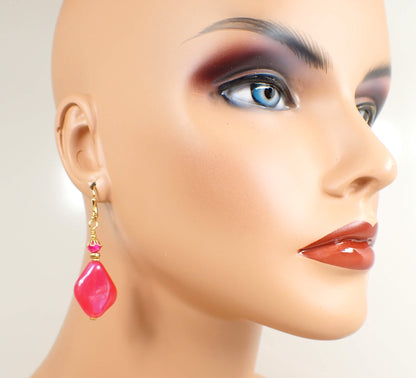 Handmade Color Shift Bright Pink Lucite Earrings Gold Plated Hook Lever Back or Clip On