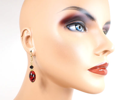 Red and Black Oval Lucite Handmade Drop Earrings Gold Plated Hook Lever Back or Clip On