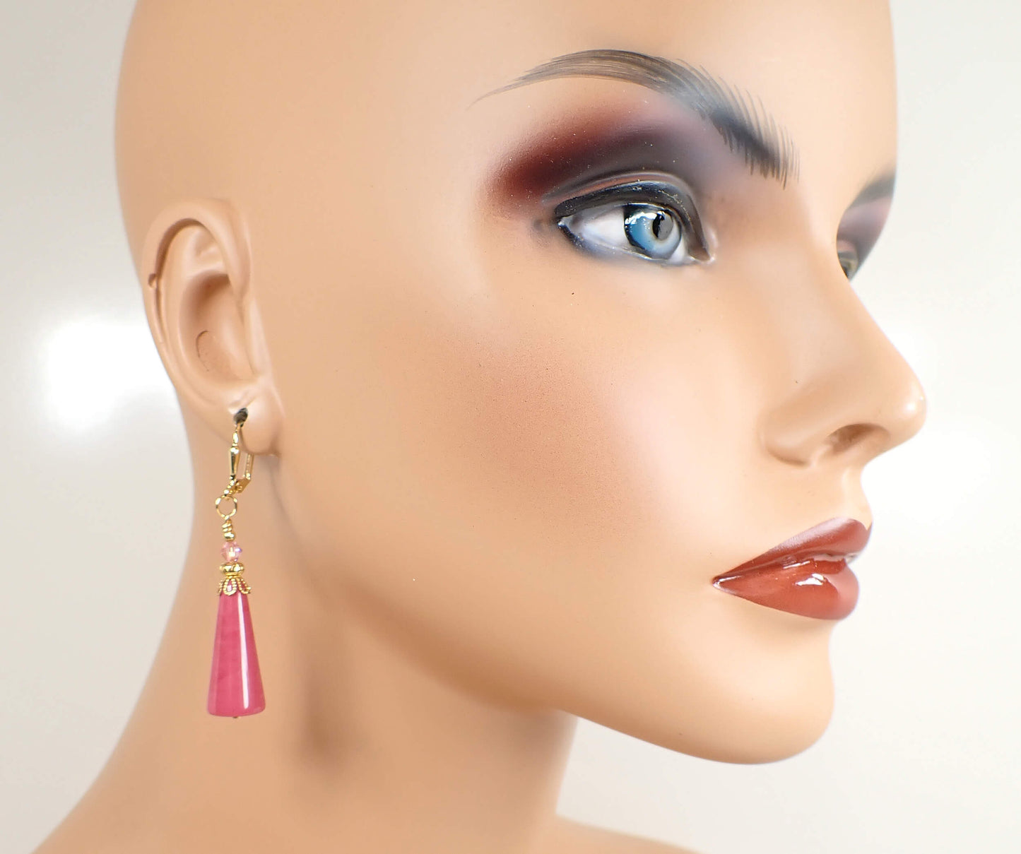 Raspberry Pink Lucite Handmade Geometric Cone Earrings Gold Plated Hook Lever Back or Clip On