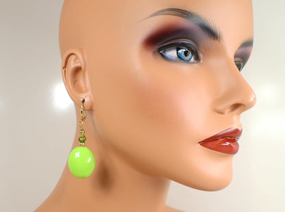 Large Maximalist Lime Green Acrylic Handmade Oval Drop Earrings Gold Plated Hook Lever Back or Clip On