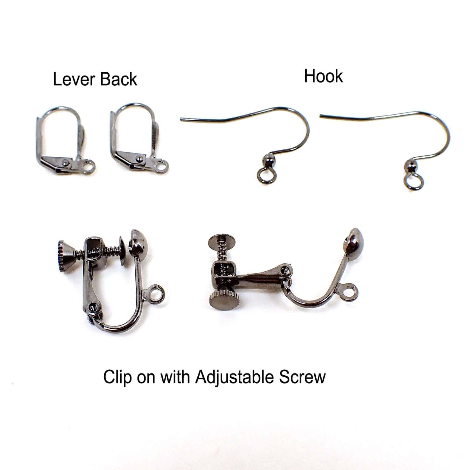 Photo of the different earring styles to choose from. The top left shows lever back pierced findings, the top right shows hook pierced, and the bottom shows clip on findings with adjustable screws.