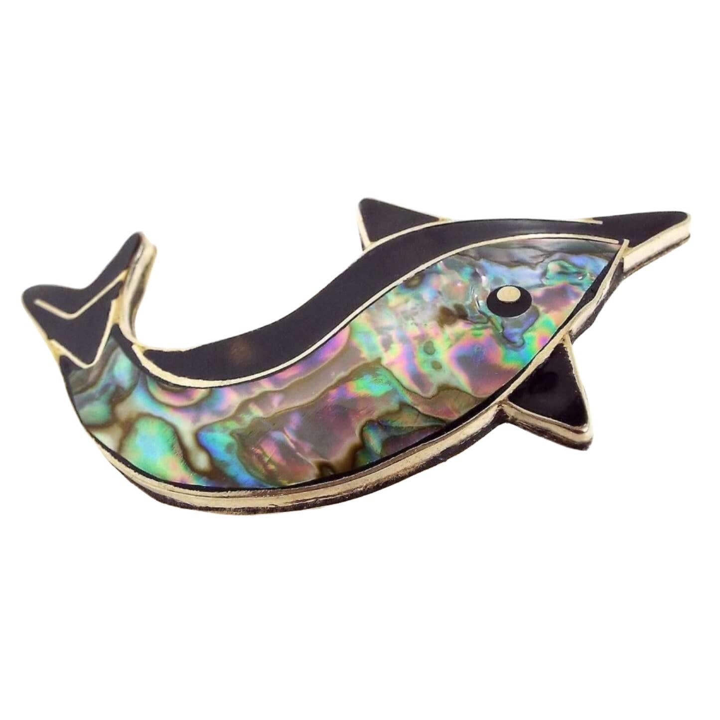 Front view of the Mexican alpaca retro vintage dolphin brooch pin. The metal is silver tone in color. The top part of the dolphin and his fins are black enameled. The inside body area has inlaid abalone shell that is pearly multi color and shifts as you move around.