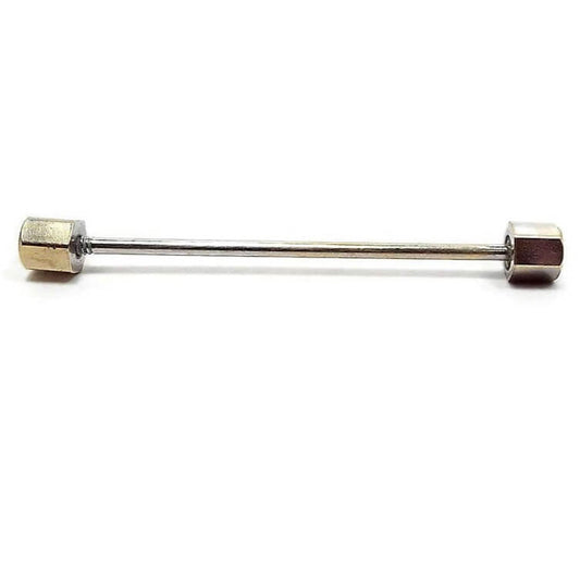 Side view of the Mid Century vintage collar bar. The ends have hexagon shapes and one end has screw threads for the end to screw on. It is light gold tone in color.