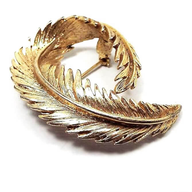 Front view of the Allison Reed retro vintage feather brooch. It is gold tone in color. The feather is curled and detailed. 