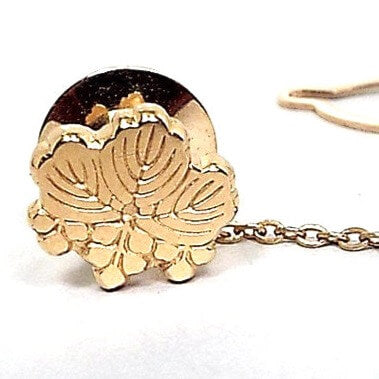 Front view of the retro vintage leaf tie tack. Its shaped like a leaf with some berries at the bottom and is gold tone in color. 