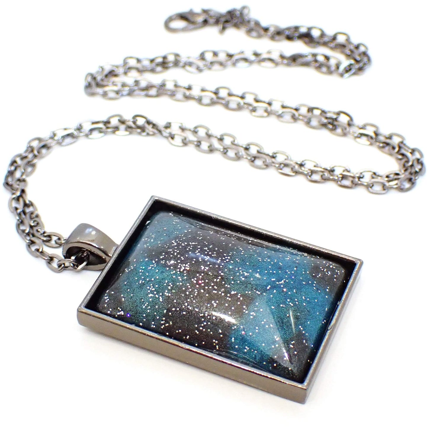 Large Handmade Teal and Dark Gray Resin Gunmetal Rectangle Pendant Necklace with Glitter