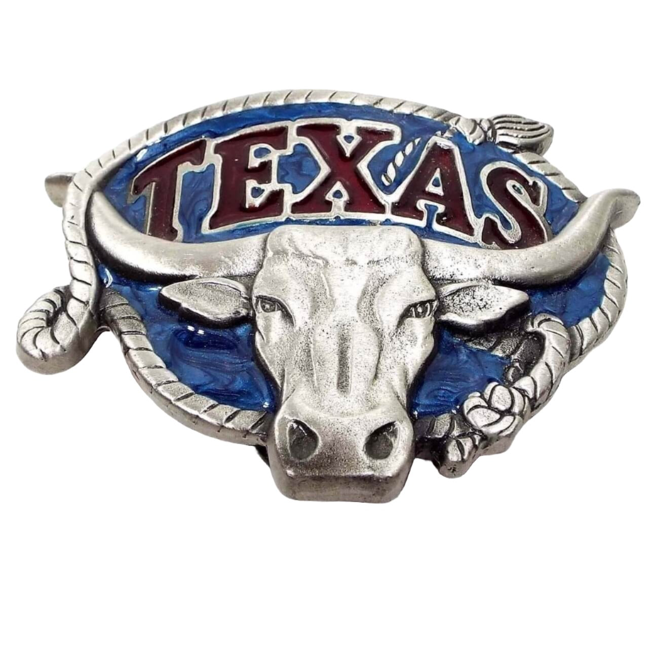 Front view of the retro vintage Texas belt buckle by Great American Buckle Company. It is light pewter gray in color with blue enamel back ground,. There is a steer on the front and the edge has a rope design. It has Texas at the top in red enamel. 