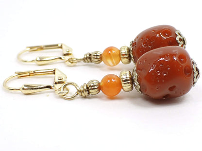 Burnt Orange Handmade Drop Earrings with German Acrylic Beads and Carnelian Gemstone, Gold Plated Hook Lever Back or Clip On